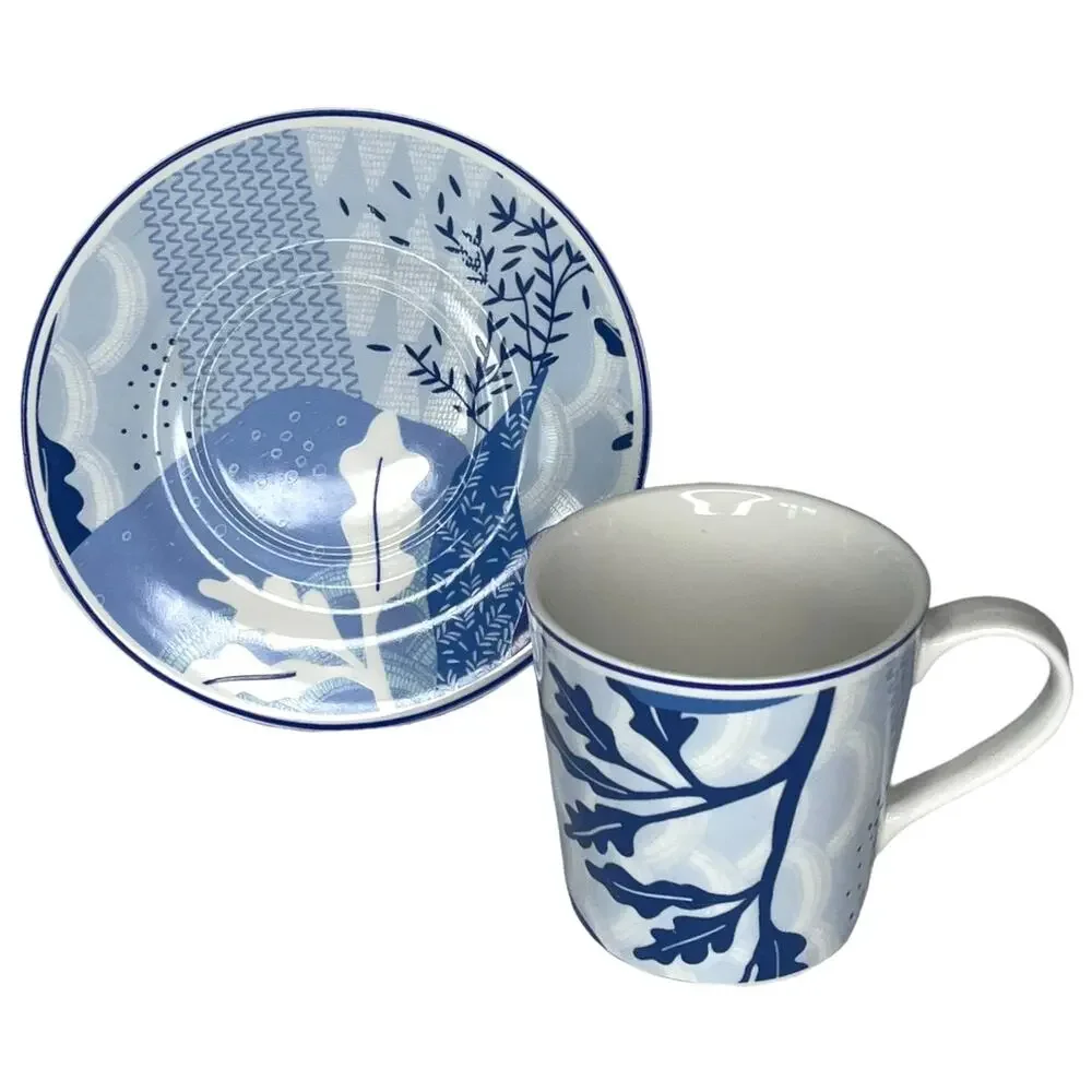 Asian Coffee Tea Cup Saucer Set Tokyo Angela Corti Porcelain Blue White Vtg